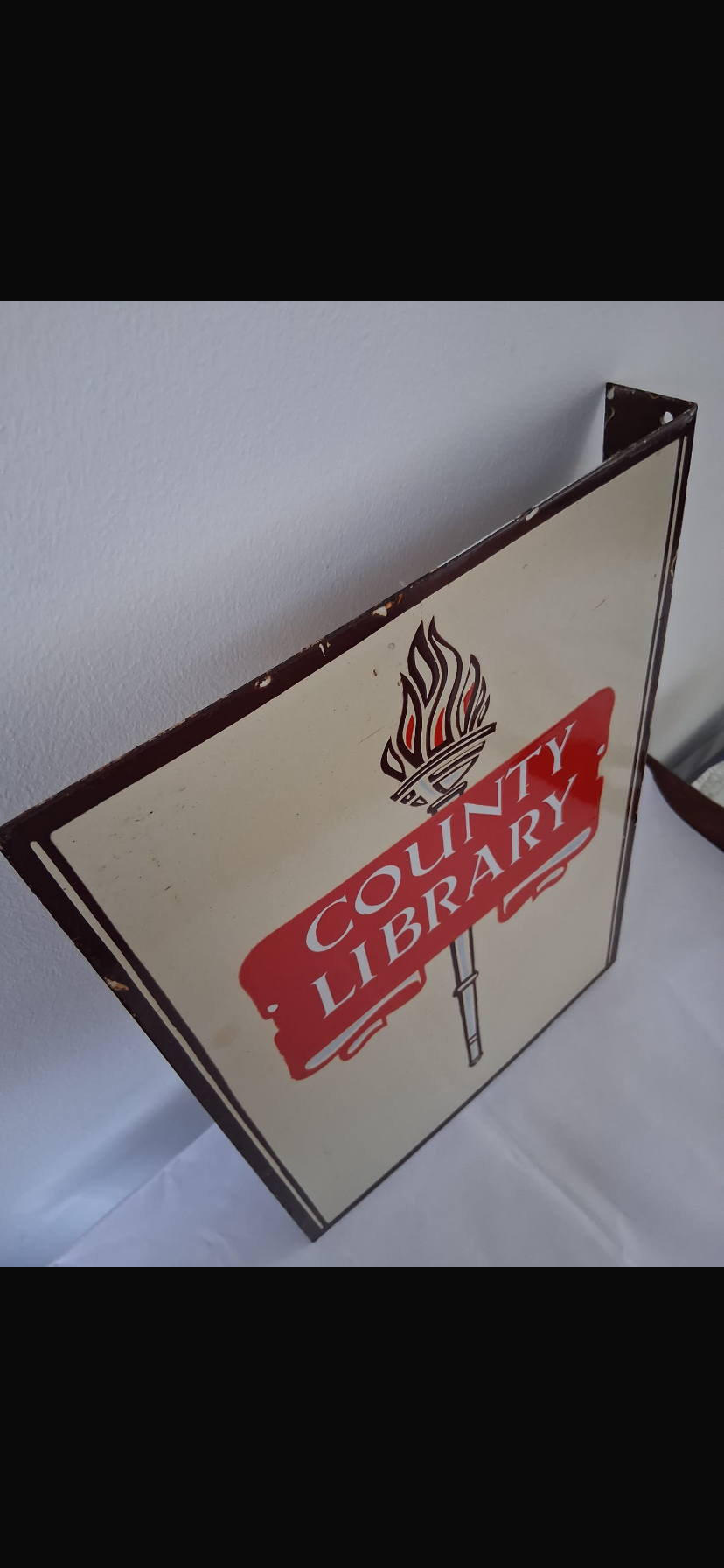 Rare Vintage County Library Enamel Double Sided Sign