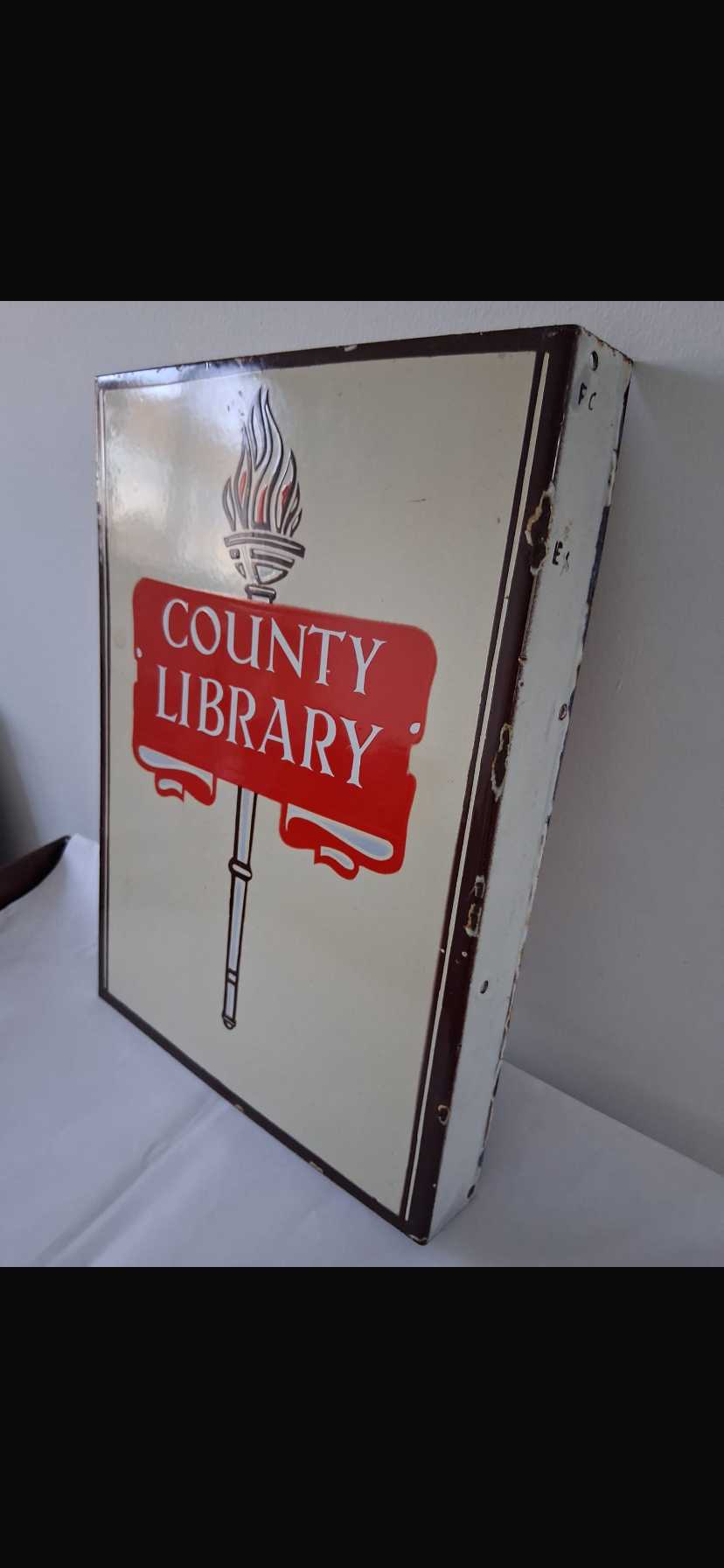 Rare Vintage County Library Enamel Double Sided Sign