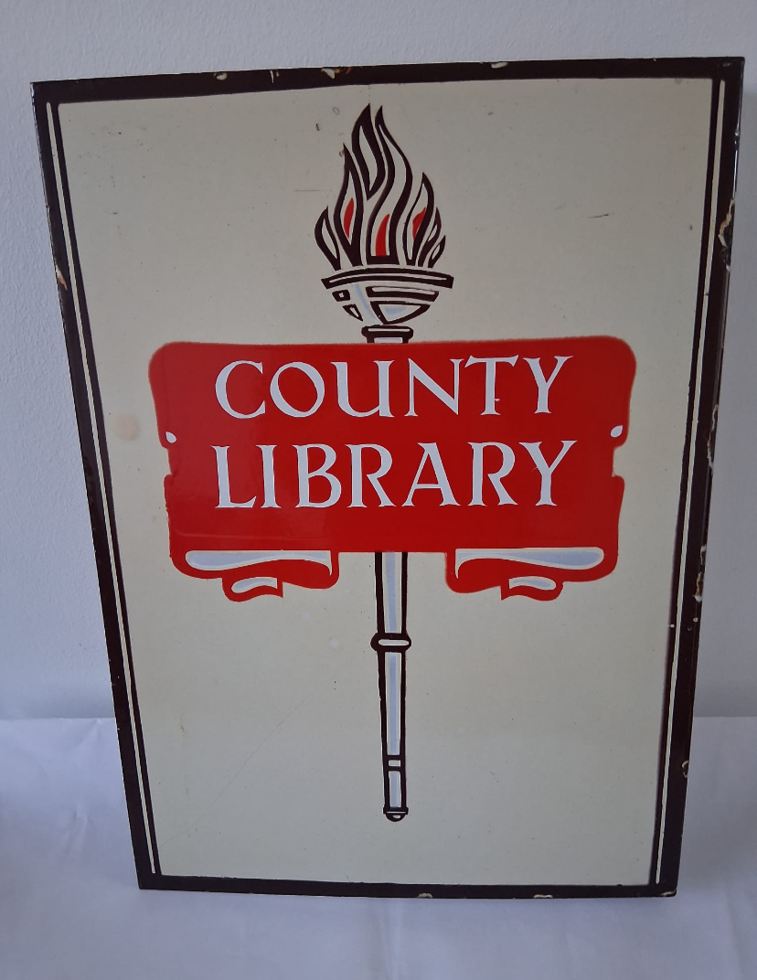 Rare Vintage County Library Enamel Double Sided Sign