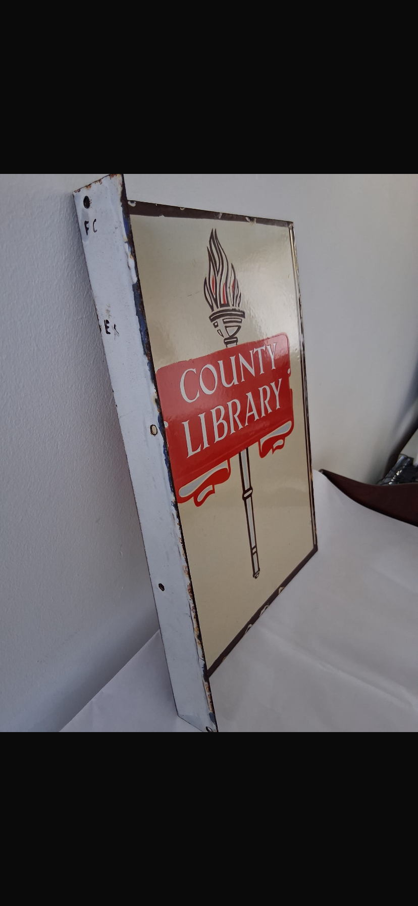 Rare Vintage County Library Enamel Double Sided Sign