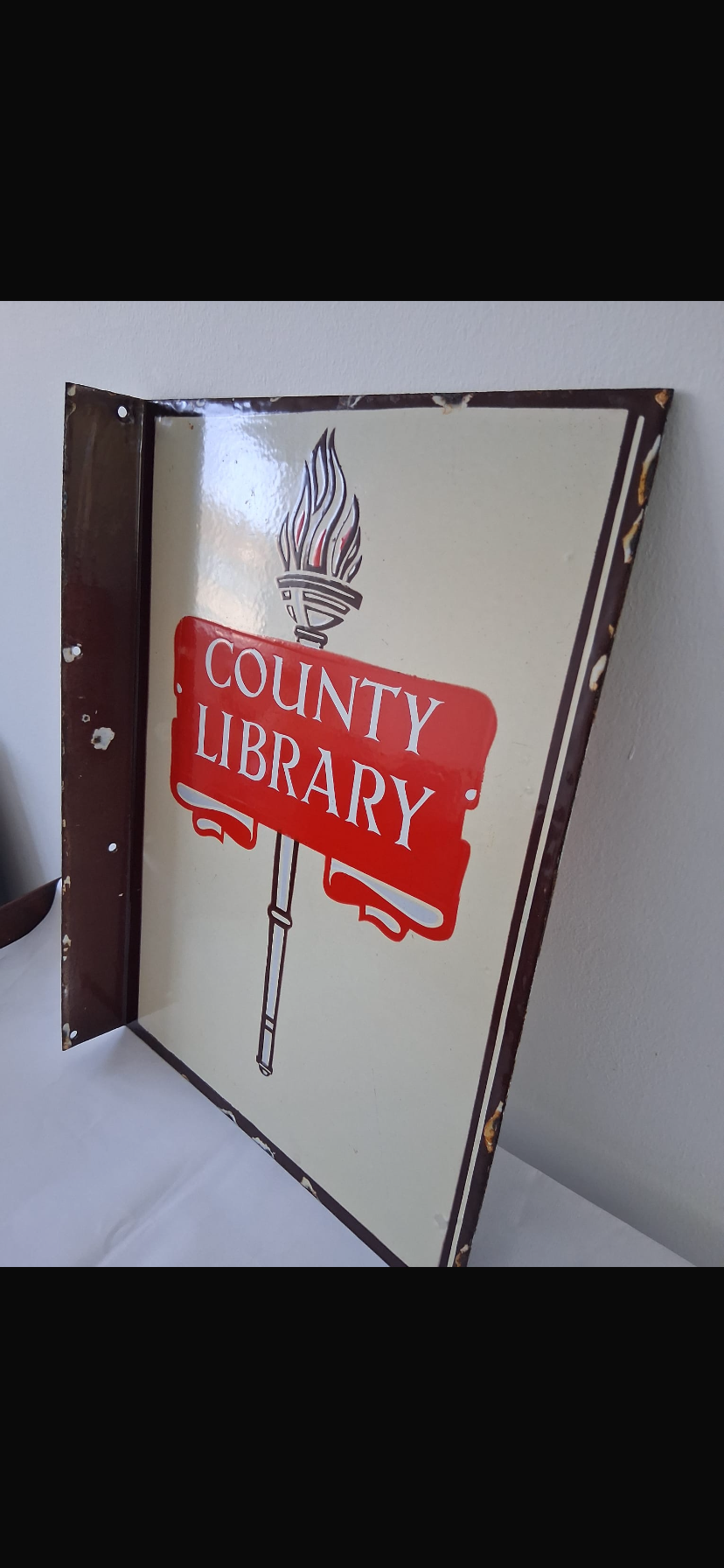 Rare Vintage County Library Enamel Double Sided Sign