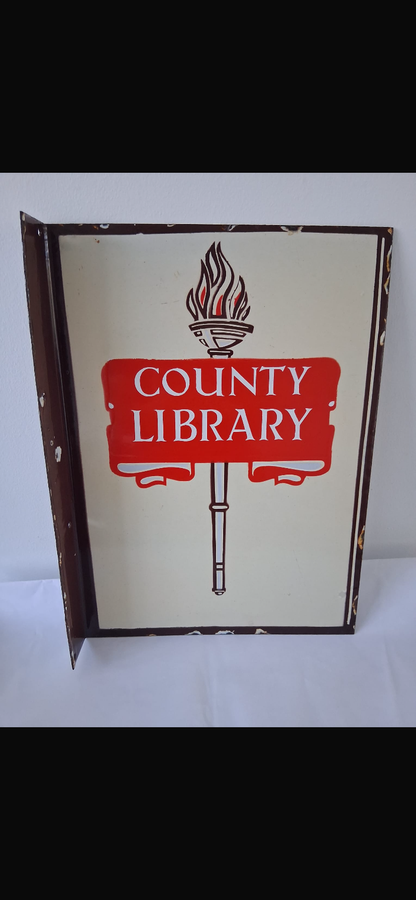 Rare Vintage County Library Enamel Double Sided Sign