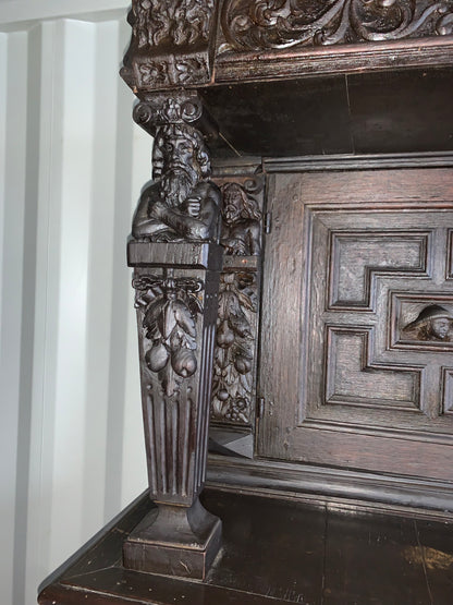 17th Century Dark Oak  Jacobean Cupboard With Book Of Genesis Carvings Dated Anno 1609