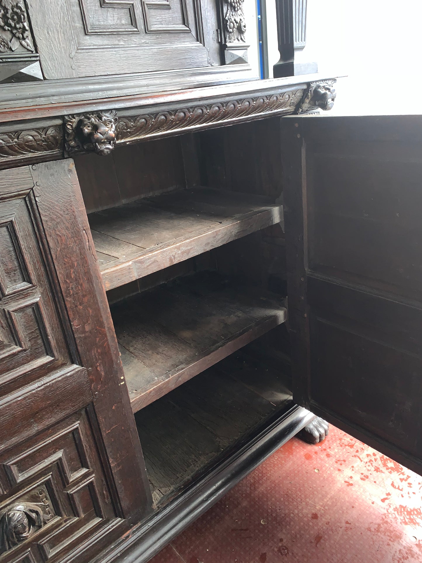 17th Century Dark Oak  Jacobean Cupboard With Book Of Genesis Carvings Dated Anno 1609