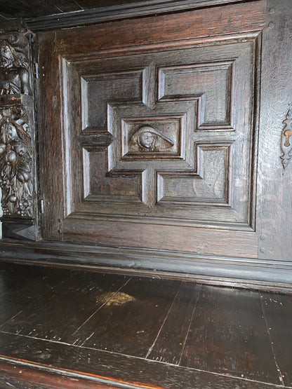 17th Century Dark Oak  Jacobean Cupboard With Book Of Genesis Carvings Dated Anno 1609