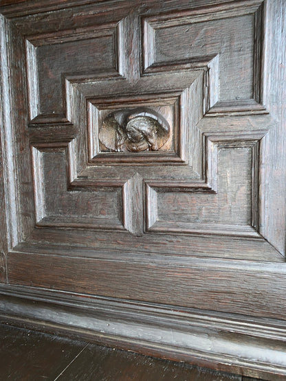 17th Century Dark Oak  Jacobean Cupboard With Book Of Genesis Carvings Dated Anno 1609