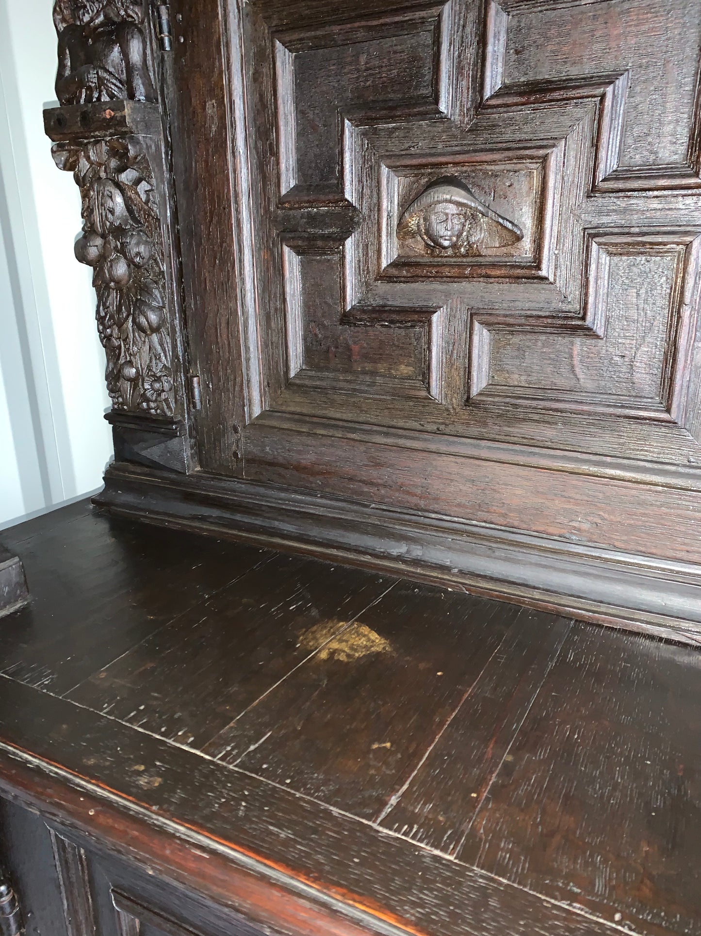17th Century Dark Oak  Jacobean Cupboard With Book Of Genesis Carvings Dated Anno 1609