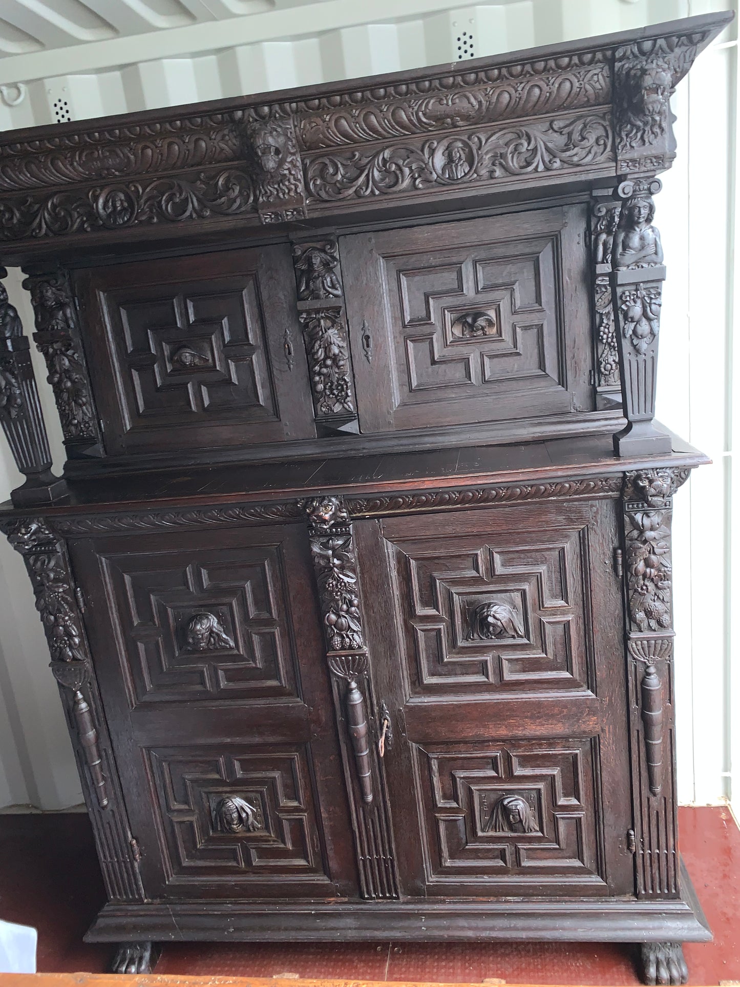 17th Century Dark Oak  Jacobean Cupboard With Book Of Genesis Carvings Dated Anno 1609