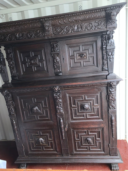 17th Century Dark Oak  Jacobean Cupboard With Book Of Genesis Carvings Dated Anno 1609