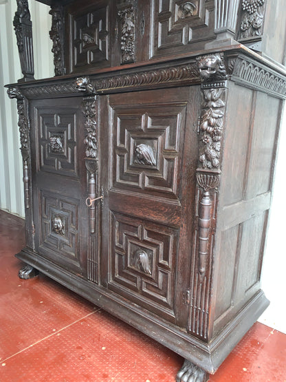 17th Century Dark Oak  Jacobean Cupboard With Book Of Genesis Carvings Dated Anno 1609
