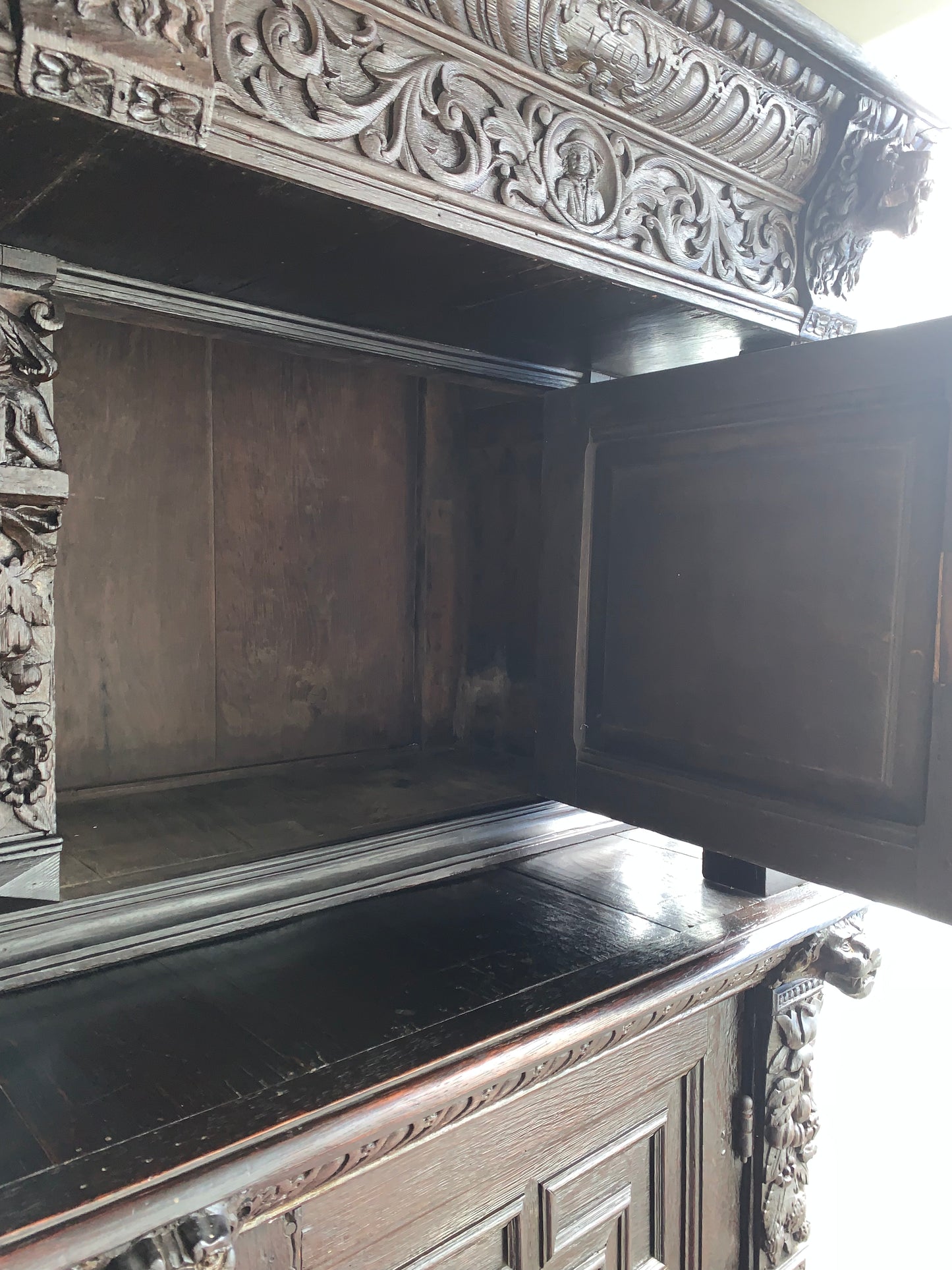 17th Century Dark Oak  Jacobean Cupboard With Book Of Genesis Carvings Dated Anno 1609