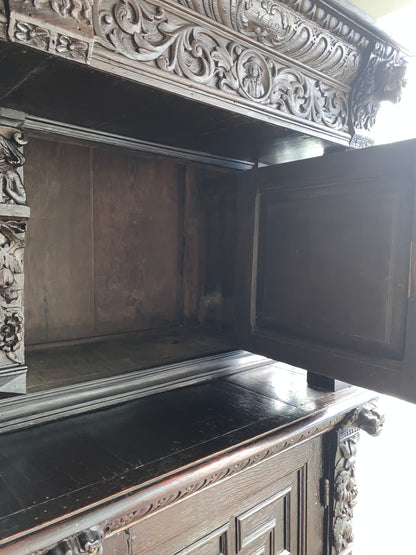 17th Century Dark Oak  Jacobean Cupboard With Book Of Genesis Carvings Dated Anno 1609