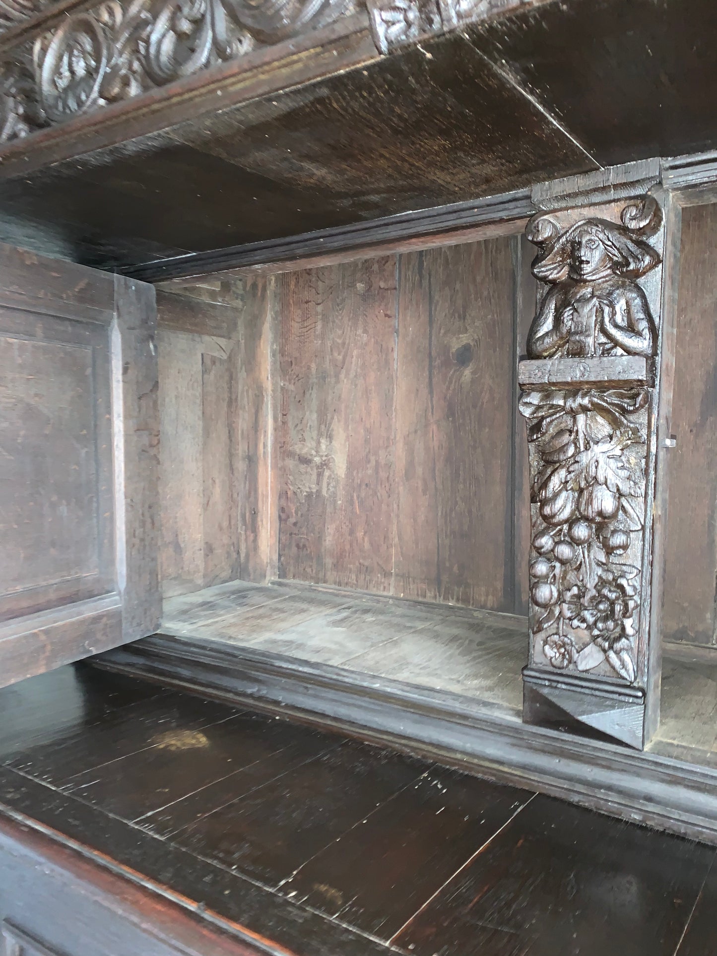 17th Century Dark Oak  Jacobean Cupboard With Book Of Genesis Carvings Dated Anno 1609