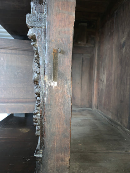 17th Century Dark Oak  Jacobean Cupboard With Book Of Genesis Carvings Dated Anno 1609