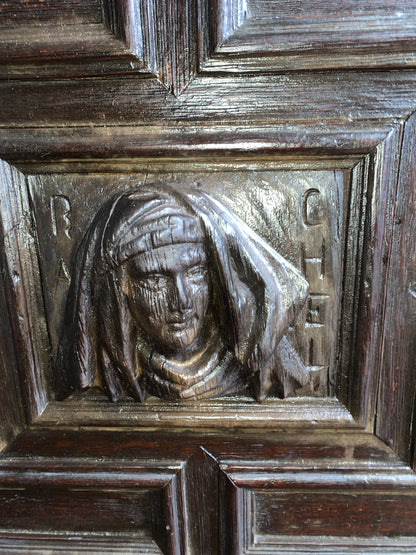 17th Century Dark Oak  Jacobean Cupboard With Book Of Genesis Carvings Dated Anno 1609