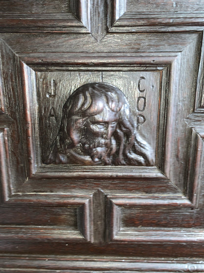 17th Century Dark Oak  Jacobean Cupboard With Book Of Genesis Carvings Dated Anno 1609