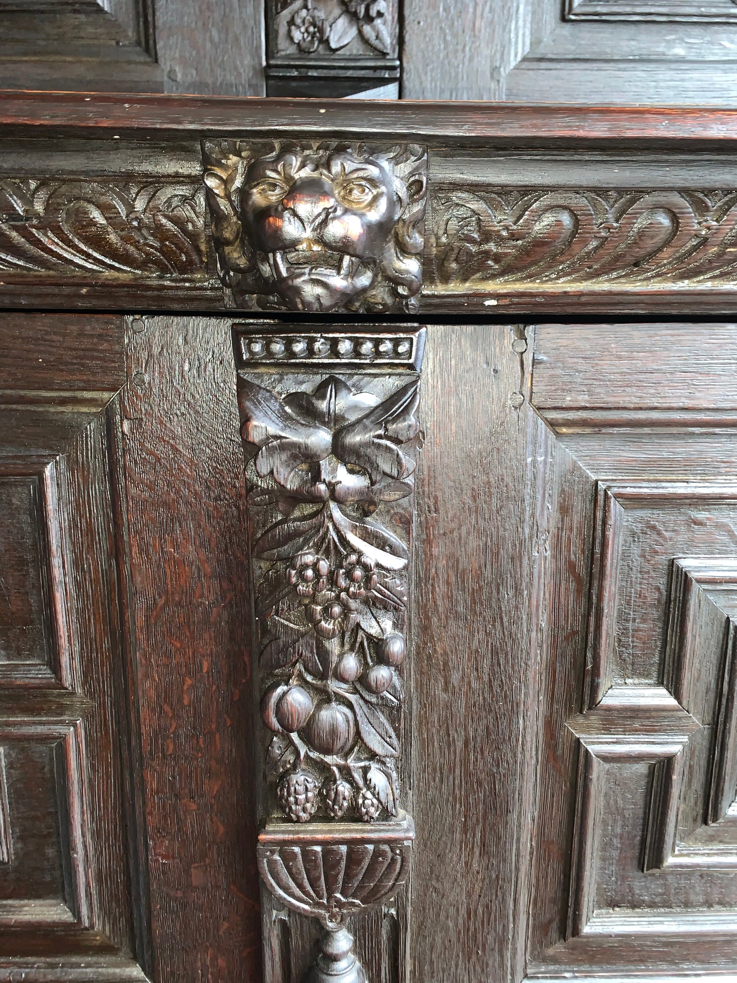 17th Century Dark Oak  Jacobean Cupboard With Book Of Genesis Carvings Dated Anno 1609